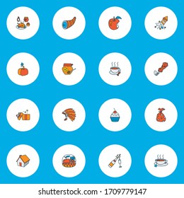 Thanksgiving icons colored line set with hot tea, apple, fireworks and other parasol elements. Isolated vector illustration thanksgiving icons.