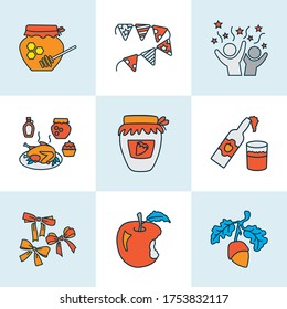 Thanksgiving icons colored line set with celebration, honey, acorn and other hive elements. Isolated vector illustration thanksgiving icons.