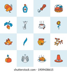 Thanksgiving icons colored line set with festive bow, umbrella, thanksgiving hat and other halo elements. Isolated vector illustration thanksgiving icons.