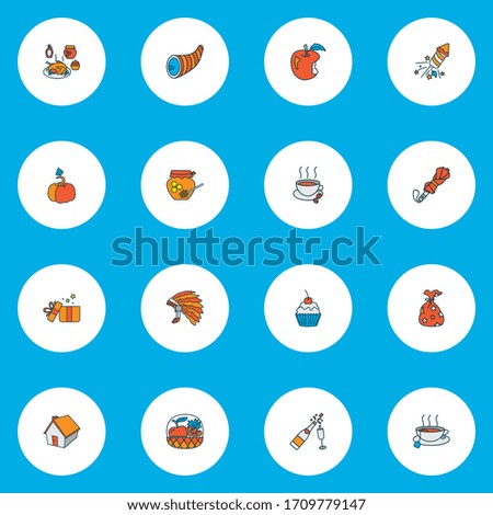 Thanksgiving icons colored line set with hot tea, apple, fireworks and other parasol elements. Isolated vector illustration thanksgiving icons.