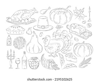 Thanksgiving icons in doodle style. Vector set of hand drawn autumn elements with roast turkey, cartoon pumpkin food, corn, wine, candles, pilgrim hat, pie. Happy Thanksgiving day. Harvest festival.