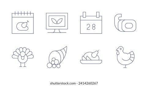 Thanksgiving icons. Editable stroke. Containing calendar, cornucopia, turkey, thanksgiving, roasted chicken.
