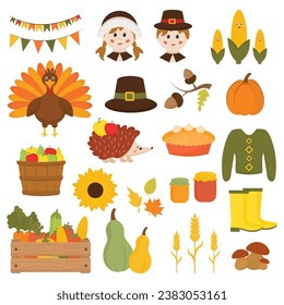 Thanksgiving icons elements set. Happy Thanksgiving Day. Turkey, pumpkin pie, corn, pilgrim hat, harvest autumn objects, leaves, branches, fall berry.  Harvest festival. Autumn vector illustration.