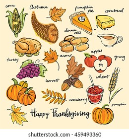 Thanksgiving icons hand drawn vector illustration. Autumn collection