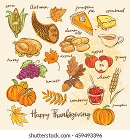 Thanksgiving icons hand drawn vector illustration. Autumn collection