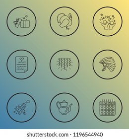 Thanksgiving icons line style set with thanksgiving costume, light garland, celebration porcelain elements. Isolated vector illustration thanksgiving icons.