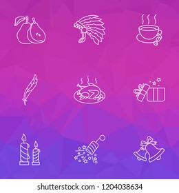 Thanksgiving icons line style set with bells, thanksgiving costume, gifts and other jingle elements. Isolated vector illustration thanksgiving icons.