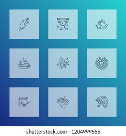 Thanksgiving icons line style set with honey, gift paper bag, corn and other tart elements. Isolated vector illustration thanksgiving icons.