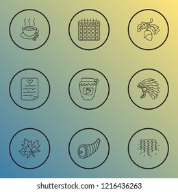 Thanksgiving icons line style set with maple leaf, hot coffee, cornucopia and other paper elements. Isolated vector illustration thanksgiving icons.