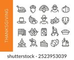 Thanksgiving icons. Set of 20 Thanksgiving trendy minimal icons. Example: Turkey, Acorn, Pilgrim, Pumpkin, Cornucopia icons. Design signs for web page, mobile app,packaging design. Vector illustration