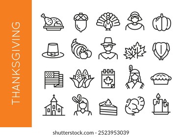 Iconos de Acción de Gracias. Conjunto de 20 iconos mínimos de moda de Acción de Gracias. Ejemplo: Iconos de Turquía, Bellota, Peregrino, Calabaza, Cornucopia. Signos de diseño para la página de Web, App móvil, diseño de embalaje. Ilustración vectorial