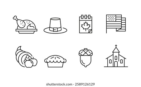 Thanksgiving icons. Set of 8 Thanksgiving trendy minimal icons. Example: Turkey, Acorn, Pilgrim, Pumpkin, Cornucopia icons. Design signs for web page, mobile app, packaging design. Vector illustration