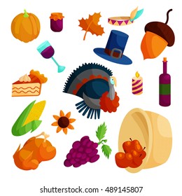 Thanksgiving icons set in cartoon style. Autumn elements set collection vector illustration