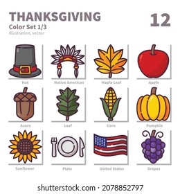 Thanksgiving icons set, Color, vector and illustration set 1