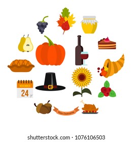 Thanksgiving icons set in flat style. Happy thanksgiving day set collection vector illustration