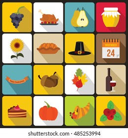 Thanksgiving icons set in flat style. Autumn elements set collection vector illustration