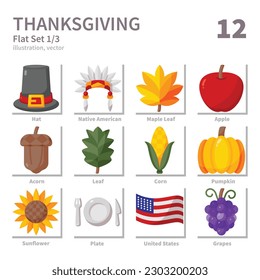 Thanksgiving icons set, Flat, vector and illustration set 1