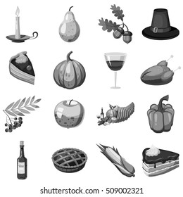 Thanksgiving icons set. Gray monochrome illustration of 16 Thanksgiving vector icons for web