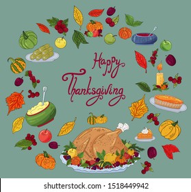 
Thanksgiving icons set. Hand drawn autumn decoration elements collection. Traditional Thanksgiving food, roasted turkey, potato, corn, cranberry, pumpkin pie.Creative logo, text happy Thanksgiving.