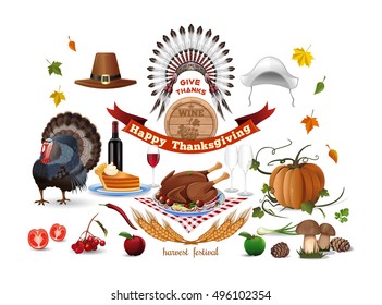 Thanksgiving icons set. Harvest festival. Thanksgiving symbols and greeting inscription. Vector color icons isolated on white background