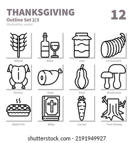 Thanksgiving icons set, Outline, vector and illustration set 2