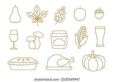 thanksgiving icons set: pear, autumn leaves, apple, acorn, roasted turkey, beer, jam, corn, wine, mushroom, apple pie, pumpkin- vector illustration