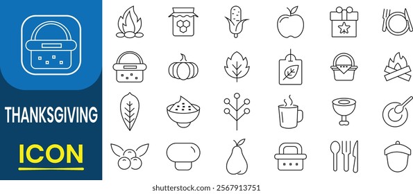 Thanksgiving icons set. Thanksgiving symbols and greeting inscription, food, drink, celebration, Pilgrims, decorations, farming, gifts, nature, produce Leaves. Vector Illustration.