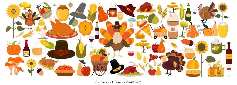 Thanksgiving icons vector big mega set. Autumn illustration elements colorful