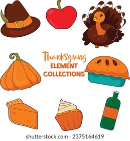 Thanksgiving icons. Vector set of autumn elements with roast turkey, cartoon pumpkin food, corn, wine, candles, pilgrim hat, pie. Happy Thanksgiving day. Harvest festival. illustration collections.