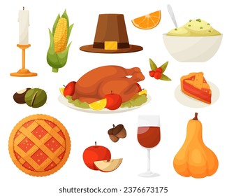 Thanksgiving icons. Vector set of autumn elements with roast turkey, cartoon pumpkin food, corn, wine. Happy Thanksgiving day. Harvest festival.