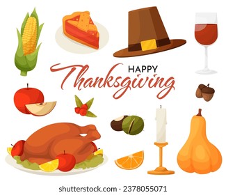 Thanksgiving icons. Vector set of autumn elements with roast turkey, cartoon pumpkin food, corn, wine. Happy Thanksgiving day. Harvest festival.