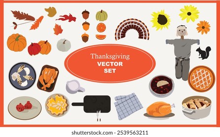 Thanksgiving icons. Vector set of autumn elements with roast turkey, cartoon pumpkin food, corn, pilgrim hat, pie. pumpkins , stuffing  Happy Thanksgiving day. Harvest festival. Autumn design