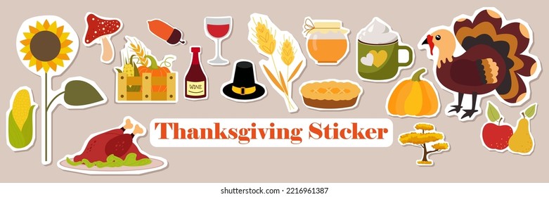 Thanksgiving icons vector sticker set. Autumn elements