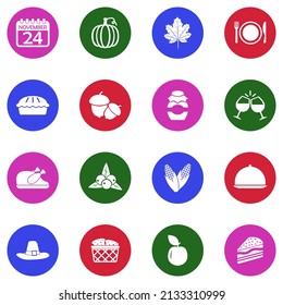 Thanksgiving Icons. White Flat Collection In Circle. Vector Illustration.