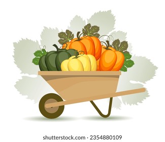 Thanksgiving illustration. Colorful pumpkins in a garden cart and congratulatory text. Postcard, vector	