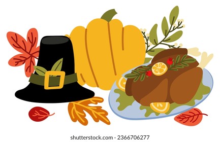 Thanksgiving illustration with pumpkin, hat, baked turkey on a white background. Flat vector illustration. Yellow pumpkin with autumn leaves. Vector flat for the holiday Printing on paper and textiles