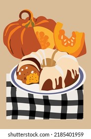 thanksgiving illustration with pumpkin pie and pumpkin, vector design for paper, fabric and other surface