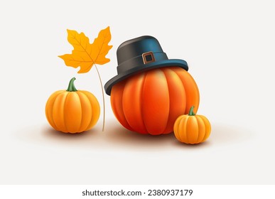 Thanksgiving illustration - Pumpkin in a pilgrim hat. Orange pumpkins and autumn leaf isolated on white background - vector