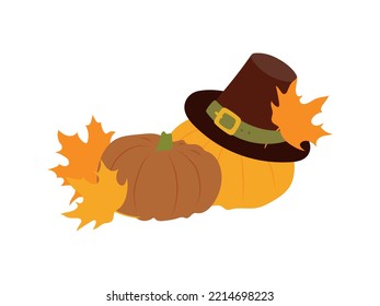 Thanksgiving illustration pumpkins with leaves and pigeon hat. Flat vector autumn decorative element Happy Thanks giving day illustration, isolated on white background.