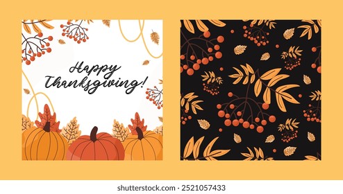 Thanksgiving illustration set with vibrant pumpkin, autumn branches and red berries. Autumn seasonal images in vector botanical style. For fall banners, social media patterns, thanksgiving cards.