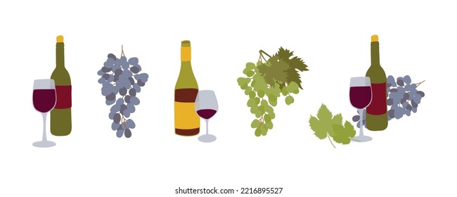 Thanksgiving illustration set of wine bottle glass, grape with leaves. Flat vector icons decorative elements Happy Thanks giving day set illustrations isolated on white background.