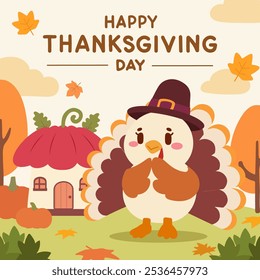 Thanksgiving illustration showcases an adorable kawaii turkey in a pilgrim hat, standing in front of a pumpkin shaped house in a cozy autumn forest. Surrounded by falling leaves and autumn colors.