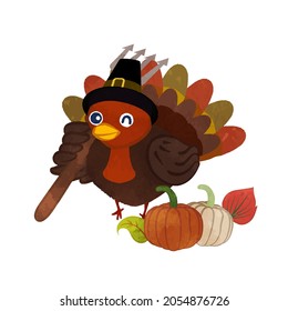 Thanksgiving illustration of a turkey holding a hoe