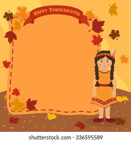 Thanksgiving Indian Braid Girl Notes. Illustration of thanksgiving greeting card banner notes with a native american girl in autumn background.