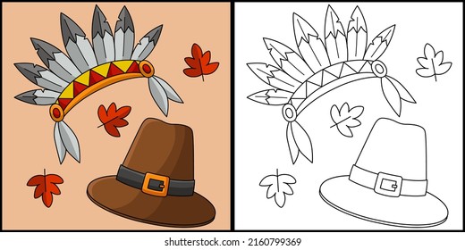 Thanksgiving-Indian Headdress Pilgrim Illustration