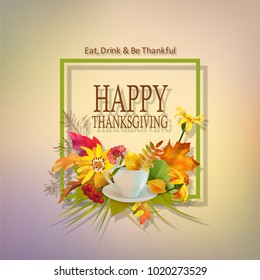 Thanksgiving invitation card. Flyer template with lettering and a frame. Fall vector composition. Artistic creative autumn card.
