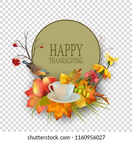Thanksgiving invitation card. Flyer template with lettering and a frame. Fall vector composition. Artistic creative autumn card.