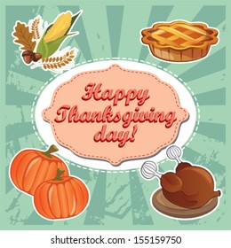 Thanksgiving invitation card with pumpkin, harvest, pie and turkey