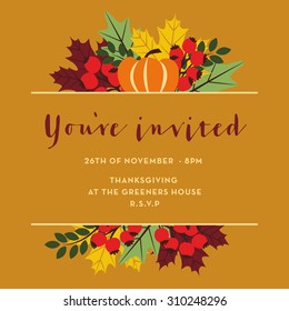 Thanksgiving invitation card with pumpkins, leaves and berries. Template. Vector and illustration design. 