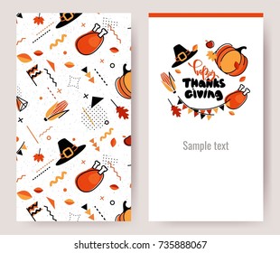 Thanksgiving invitation cards in 80s memphis style. Happy thanksgiving posters. Vector illustration